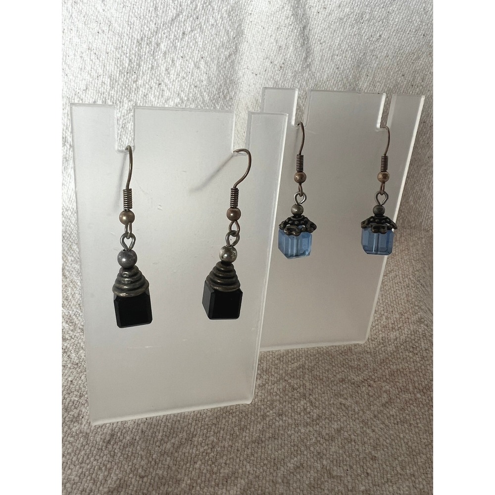 Glass Cube Drop Earrings Black Blue Vintage Geometric Cubist Dangle Retro Got